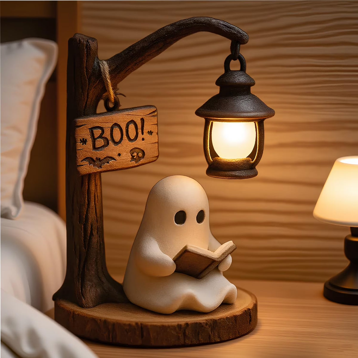 Ghost Reading Book Lamp, Cute Ghost Reading Lantern, 3D Resin Halloween Ghost Night Light Ghost Warm Light Indoor Decor Lamp Glowing Halloween Ghost Decorations for Bedroom Living Room