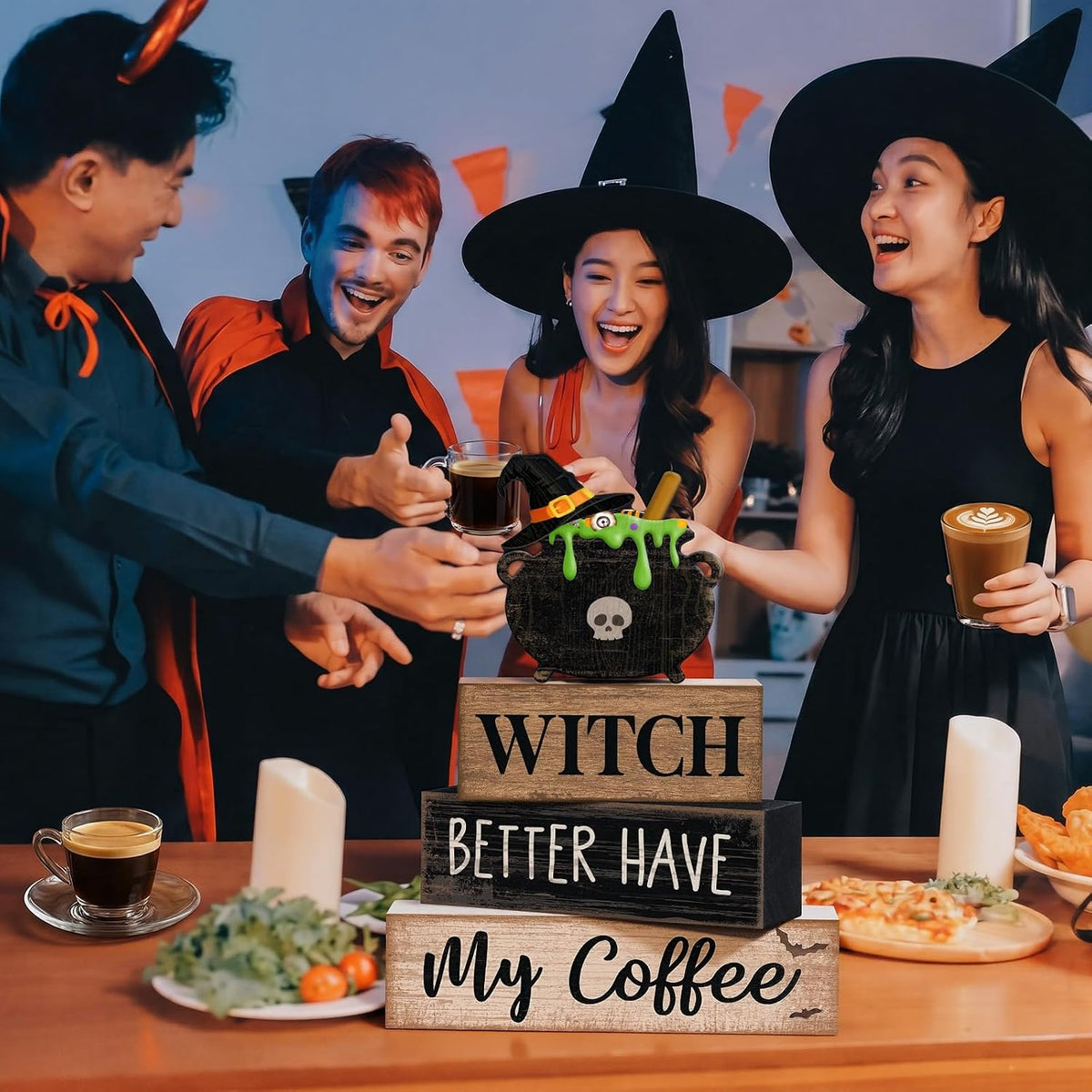 4 Pcs Halloween Table Decoration Witch Coffee Wooden Stacked Block Decor, "Witch Better Have My Coffee" Sign with Cauldron Topper, Gothic Halloween Tiered Tray Decor for Home Kitchen Bar
