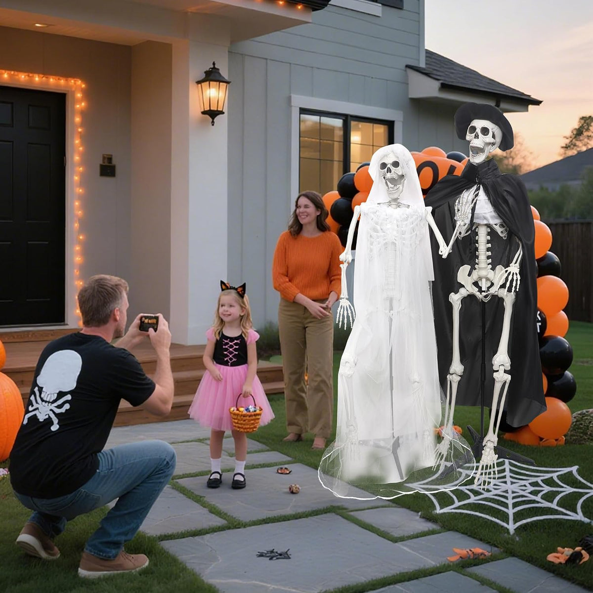 2Pack 5.4Ft Halloween Skeletons Bride and Groom with Stand Life Size Skeletons Full Body Plastic Human Bones for Halloween Decorations