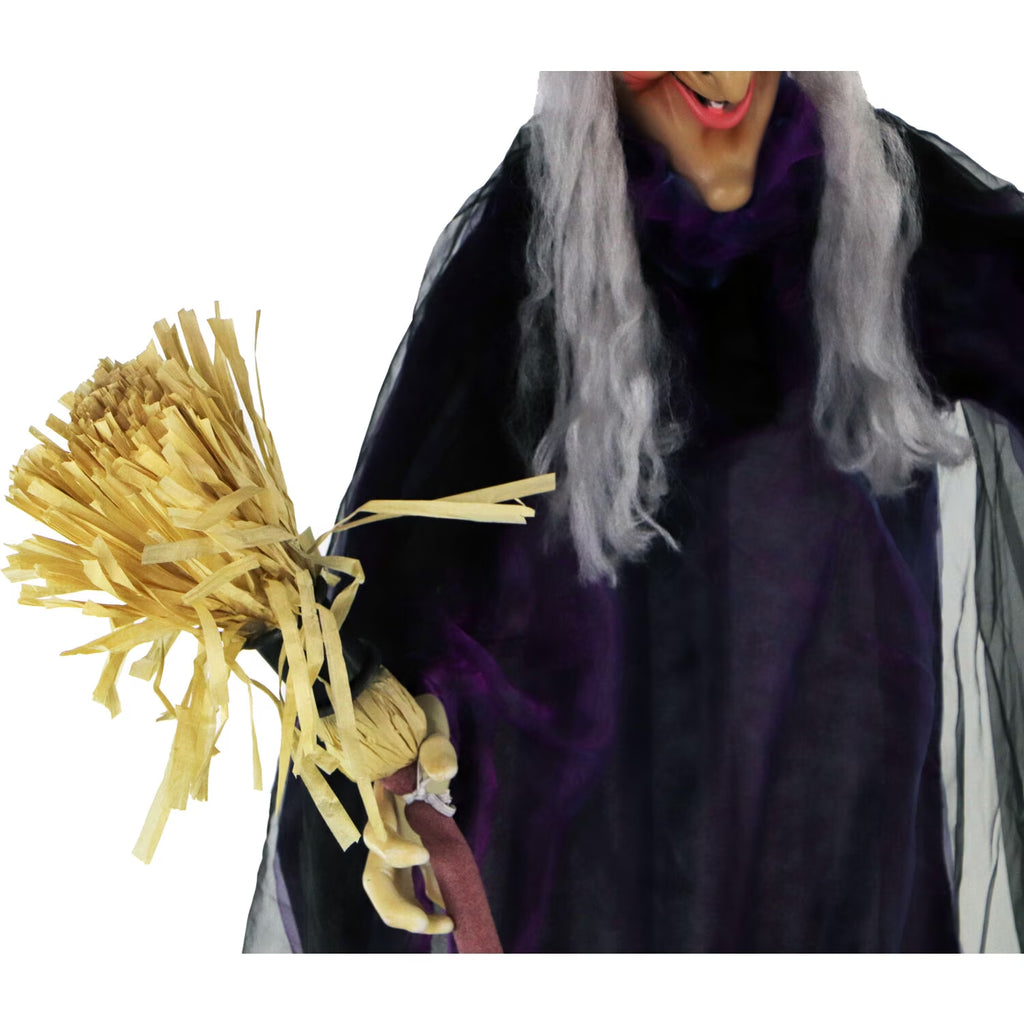 Life-Size Animated Talking Witch W/ Broomstick, 6 Ft Halloween Decoration