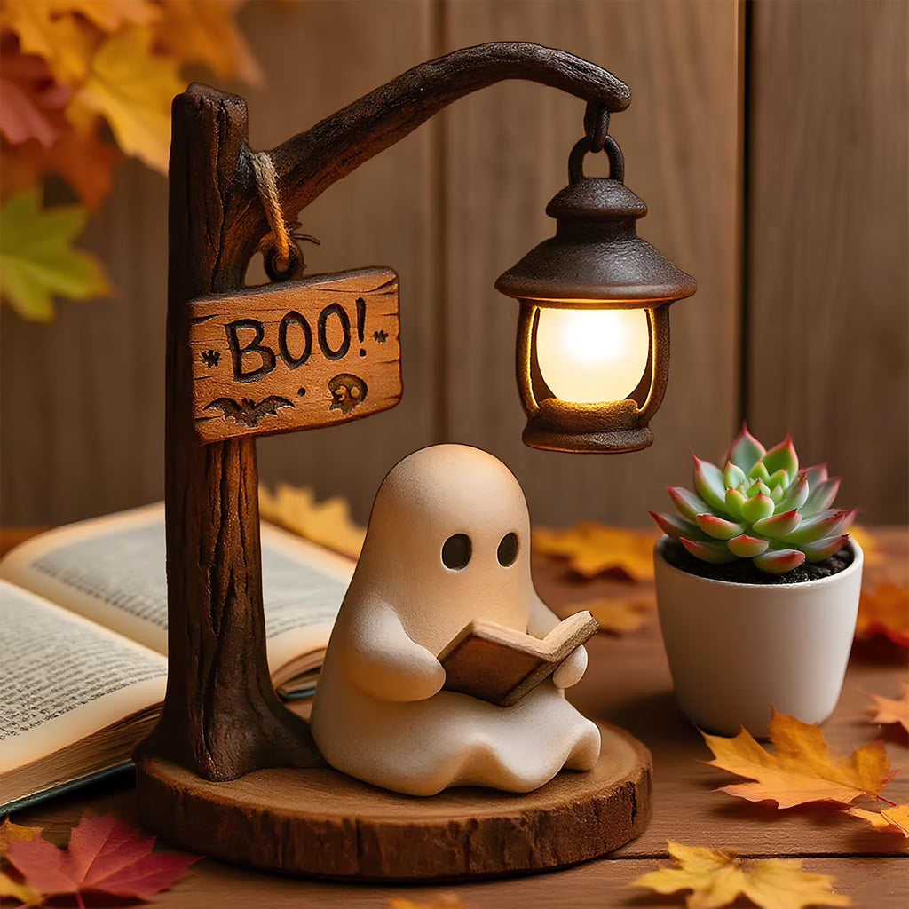 Ghost Reading Book Lamp, Cute Ghost Reading Lantern, 3D Resin Halloween Ghost Night Light Ghost Warm Light Indoor Decor Lamp Glowing Halloween Ghost Decorations for Bedroom Living Room