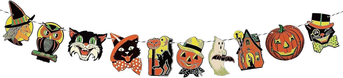 Vintage Halloween Hanging Banner, Retro Halloween Home Decoration | Pre-Strung, Pumpkin Witch Ghost Cat Patterns, Wall Bunting Garland Card Banner, Cartoon Halloween Party Favor, Photo Supplies