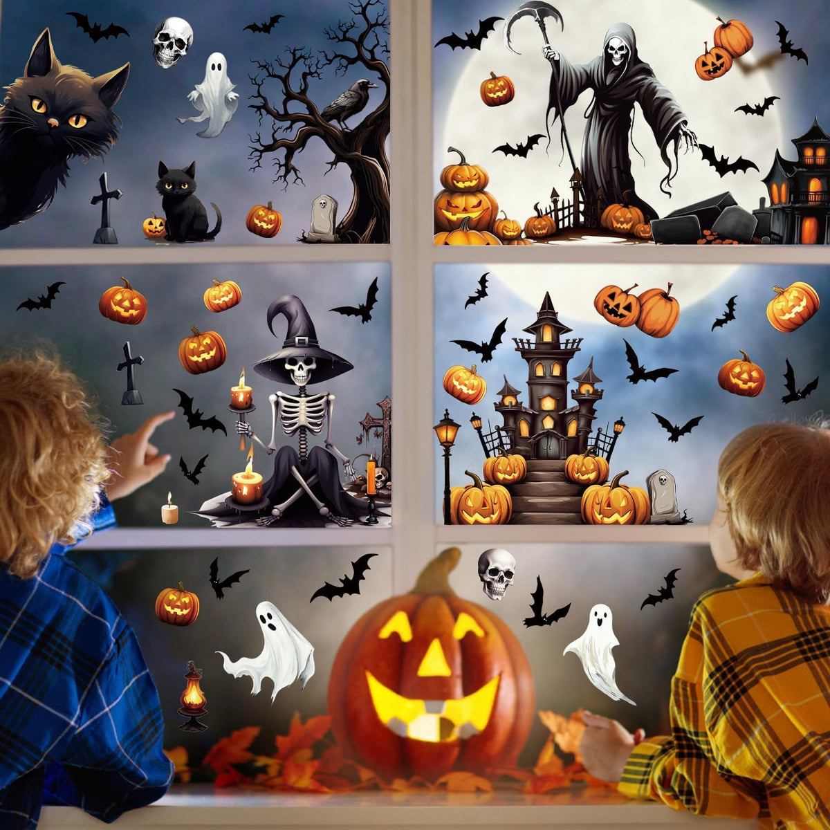8 Sheets Halloween Window Clings, Scary Halloween Window Stickers Removable Double Sided Halloween Black Window Decals for Glass Window Halloween Decoration