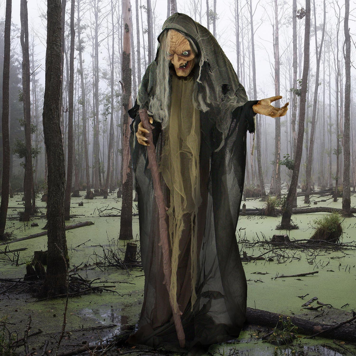 Life-Size Scary Poseable Talking Witch, Halloween Animatronic with Touch Activated Lights and Sound, Battery Operated Indoor or Covered Outdoor Halloween Decorations, Halloween Prop