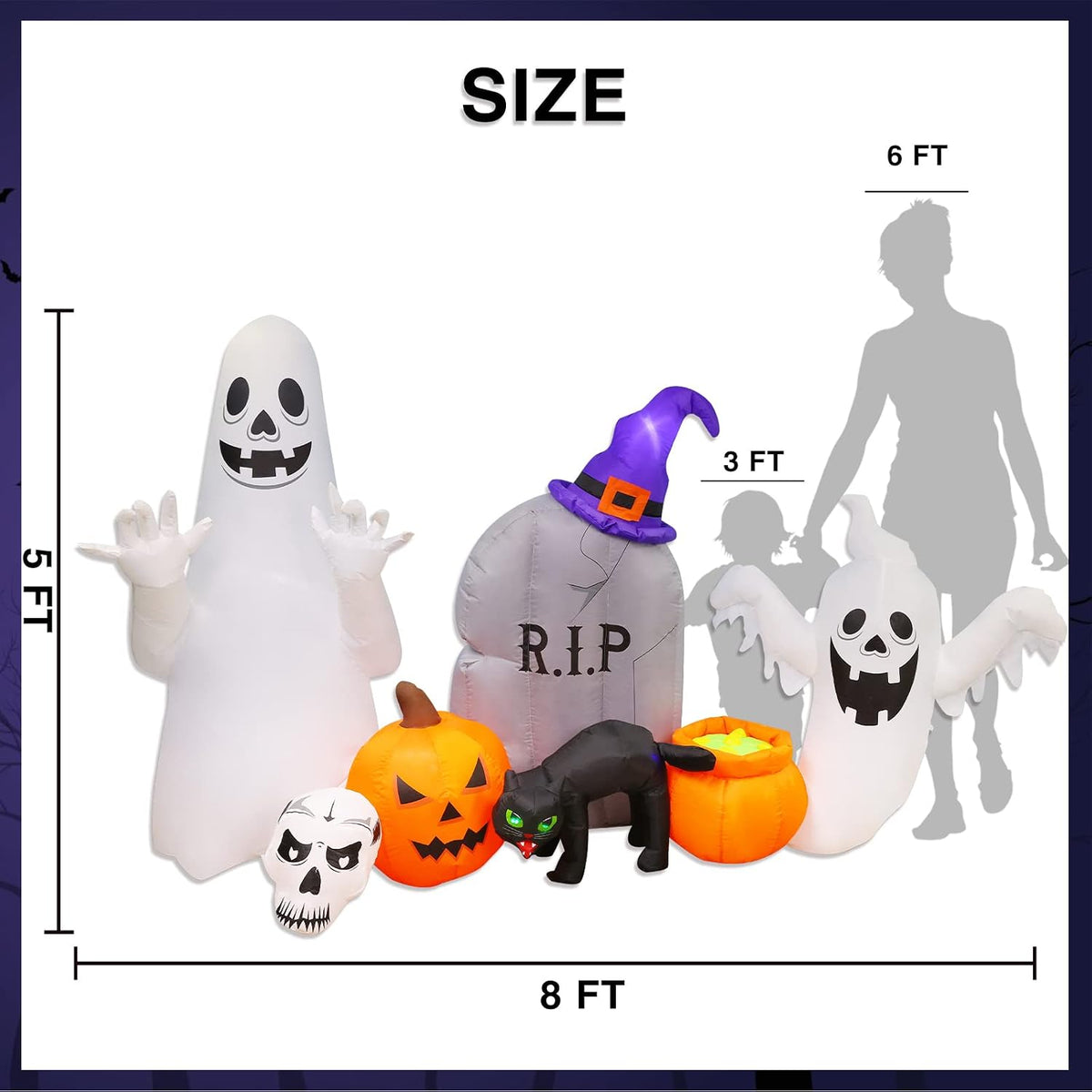 8FT Halloween Inflatable Decorations Outdoor, Ghost Cat Pumpkin Blow up Yard Decor with Built-In LED Lights, Spooky Holiday Party Favor for Indoor Outdoor Lawn Garden Halloween Decorations