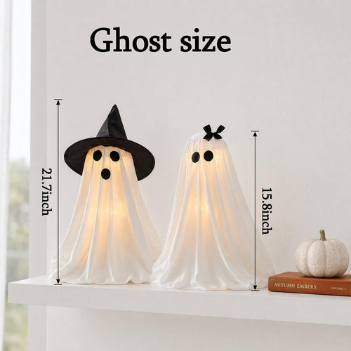 2-Piece Light-Up Ghosts with Witch Hats, Indoor Ghost Decor | Halloween Party Decorations