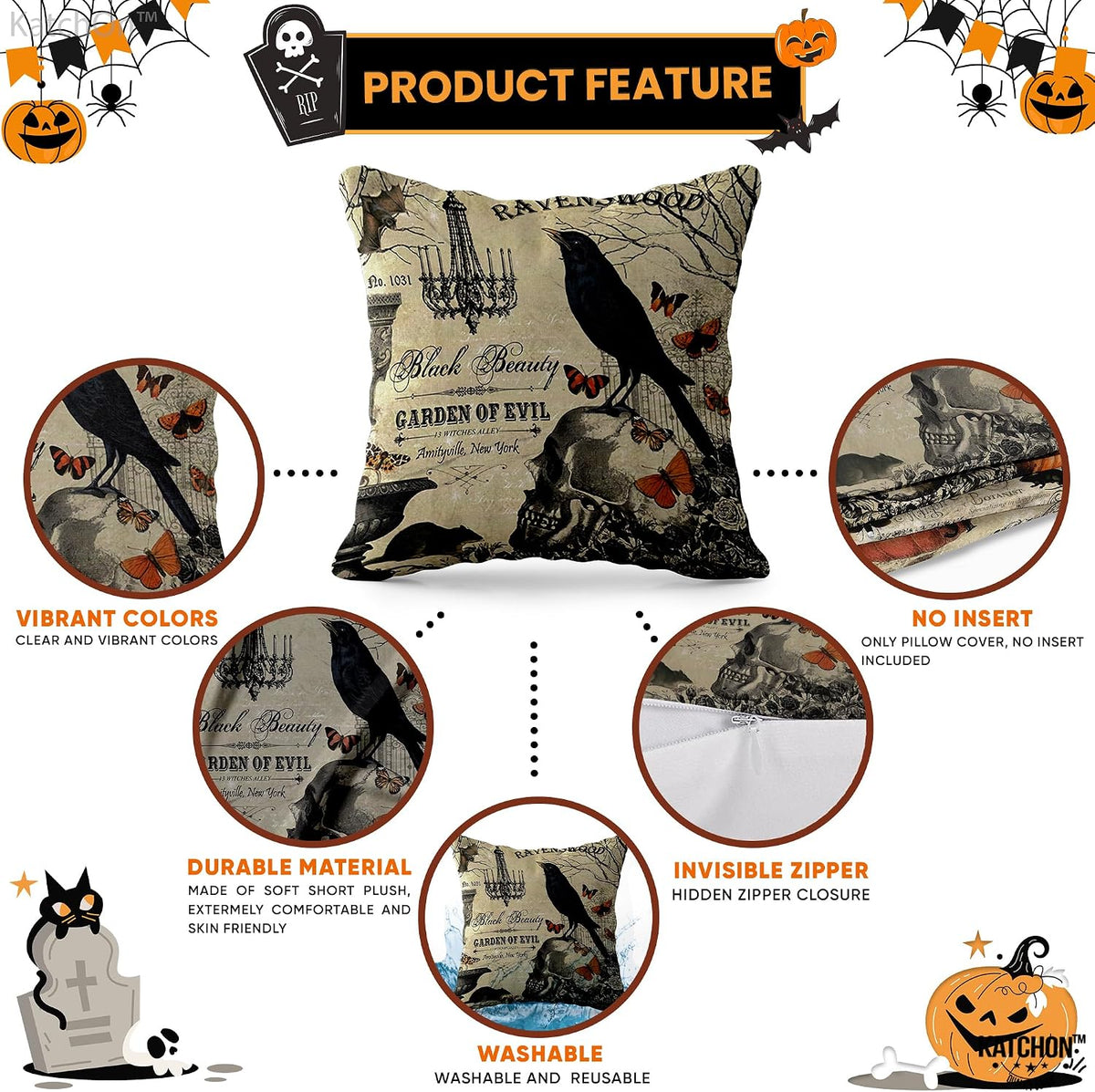, Vintage Halloween Pillows Covers - 18X18 Inch, Pack of 4 | Skull Throw Pillow Covers | Pumpkin Cushion Covers | Halloween Decorations Indoor, Summerween Decorations Party