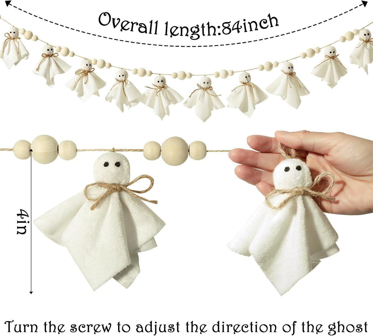 Ghost Halloween Banner: 1Pc White Ghost Halloween Party Banner with Wood Beads, Cute Ghosts Halloween Garland Halloween Banner Decorations for Home Wall Mantel Doorways Front Decor