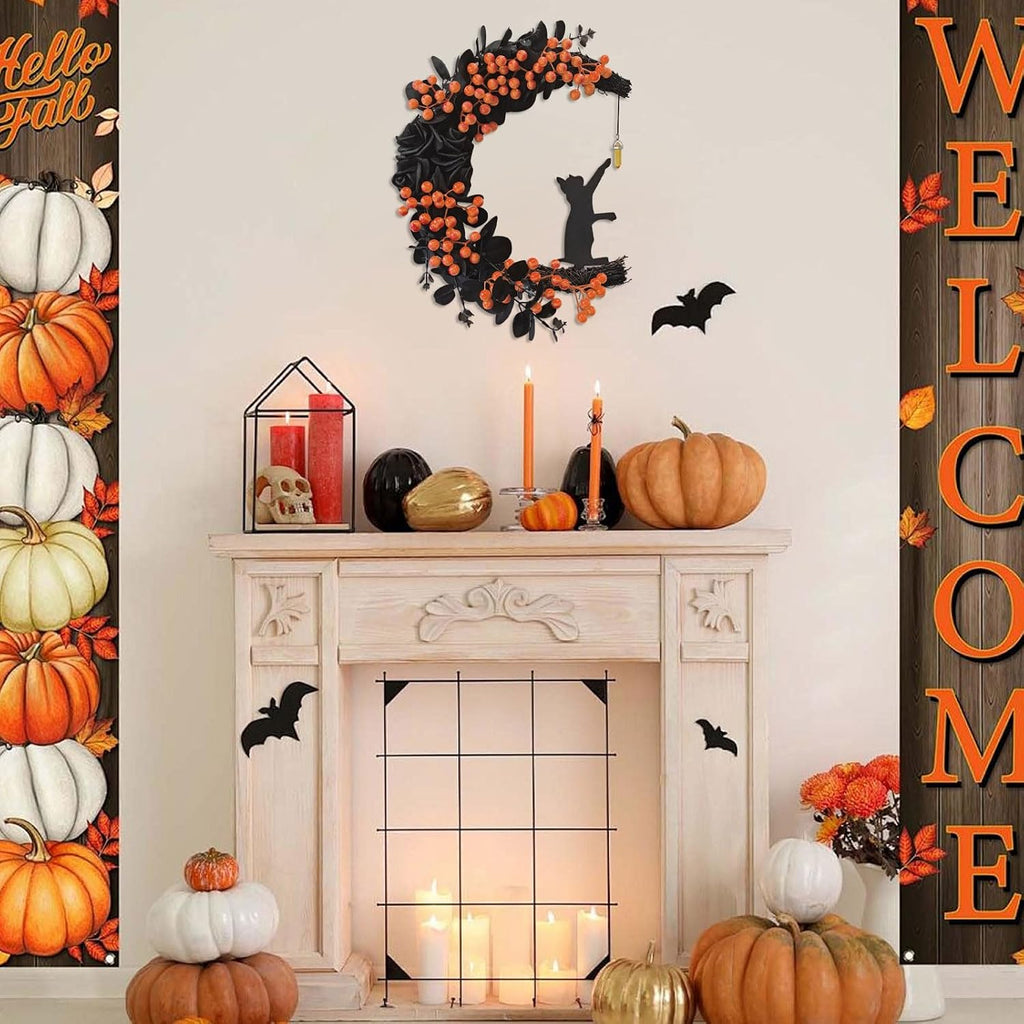 Halloween Decorations Black Cat Half-Moon Wreath with Black Rose & Berry | Halloween Decor with Open Half-Moon Design, Black Fabric Roses, Frosted Leaves, Glossy Orange Berries, and a Cat Silhouette