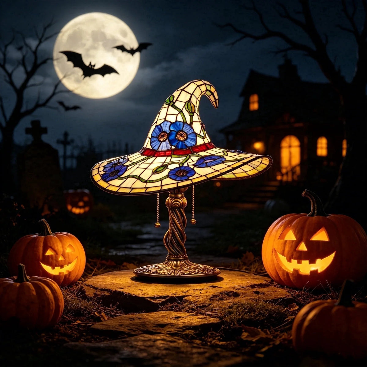 Clearance Witch Hat Lamp Halloween Decorations under 20 Gifts Stained Glass like Gothic Lamp Gothic Home Decor Accent Bedroom Bookshelf Mystical Gifts Glow Dark Figurine Ambiance