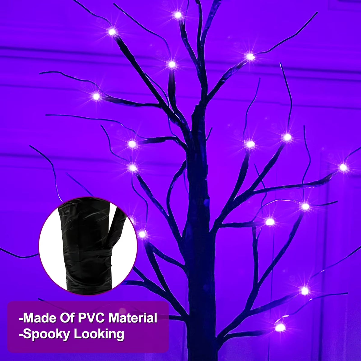 1Pc-24Inch Halloween Birch Tree Decorations with Timer,Total 24 LED Battery Operated Tabletop Artificial Black Spooky Tree Hallowe'En Decorations for Indoor Home Holiday Party-Purple