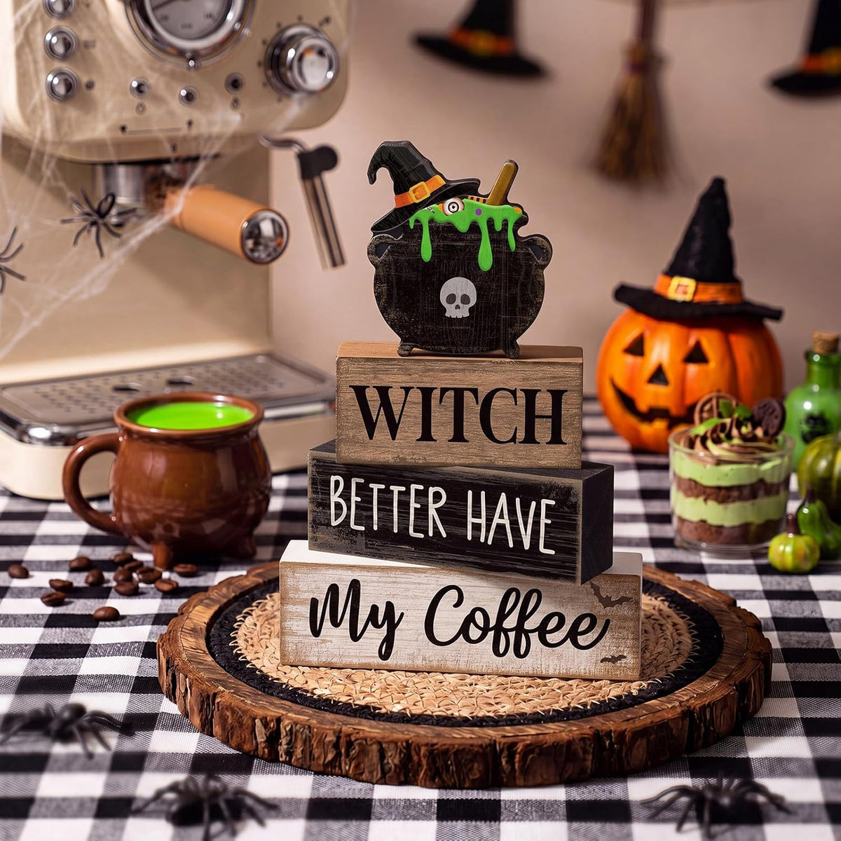 4 Pcs Halloween Table Decoration Witch Coffee Wooden Stacked Block Decor, "Witch Better Have My Coffee" Sign with Cauldron Topper, Gothic Halloween Tiered Tray Decor for Home Kitchen Bar
