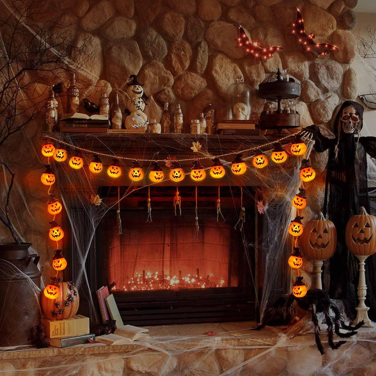 Battery Operated Pumpkin Lights for Halloween Decorations Indoor, Jack-O-Lantern String Lights for Halloween Party Front Door Porch Fireplace Camper Golf Cart Parade Garland Wreath Decor
