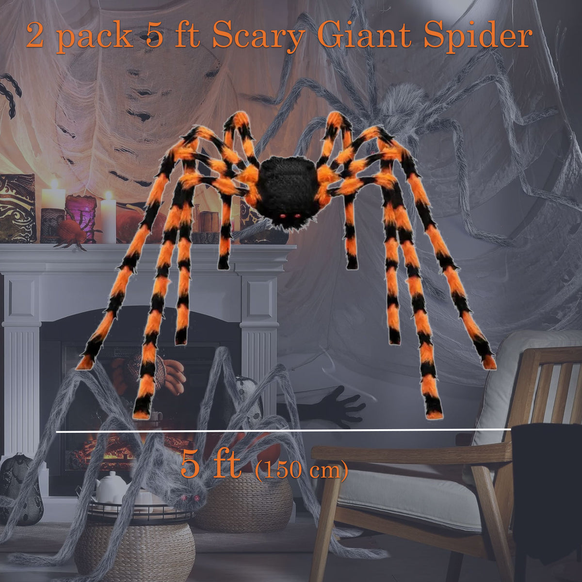 2 Pack Giant Spiders Halloween Outdoor Decorations，5 Ft Large Spider for Patio Garden Holidy Decor