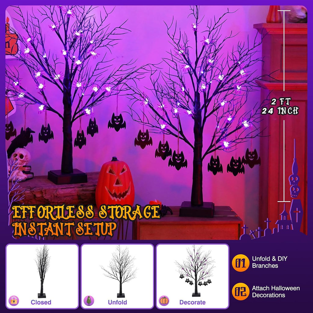 Black Halloween Spooky Trees - 2 Pack 2FT Halloween LED Light up Tree with 40 Spiders 12 Bats, Auto Timer, Battery/Usb Powered, Bendable Branches for Tabletop Indoor Outdoor Decor