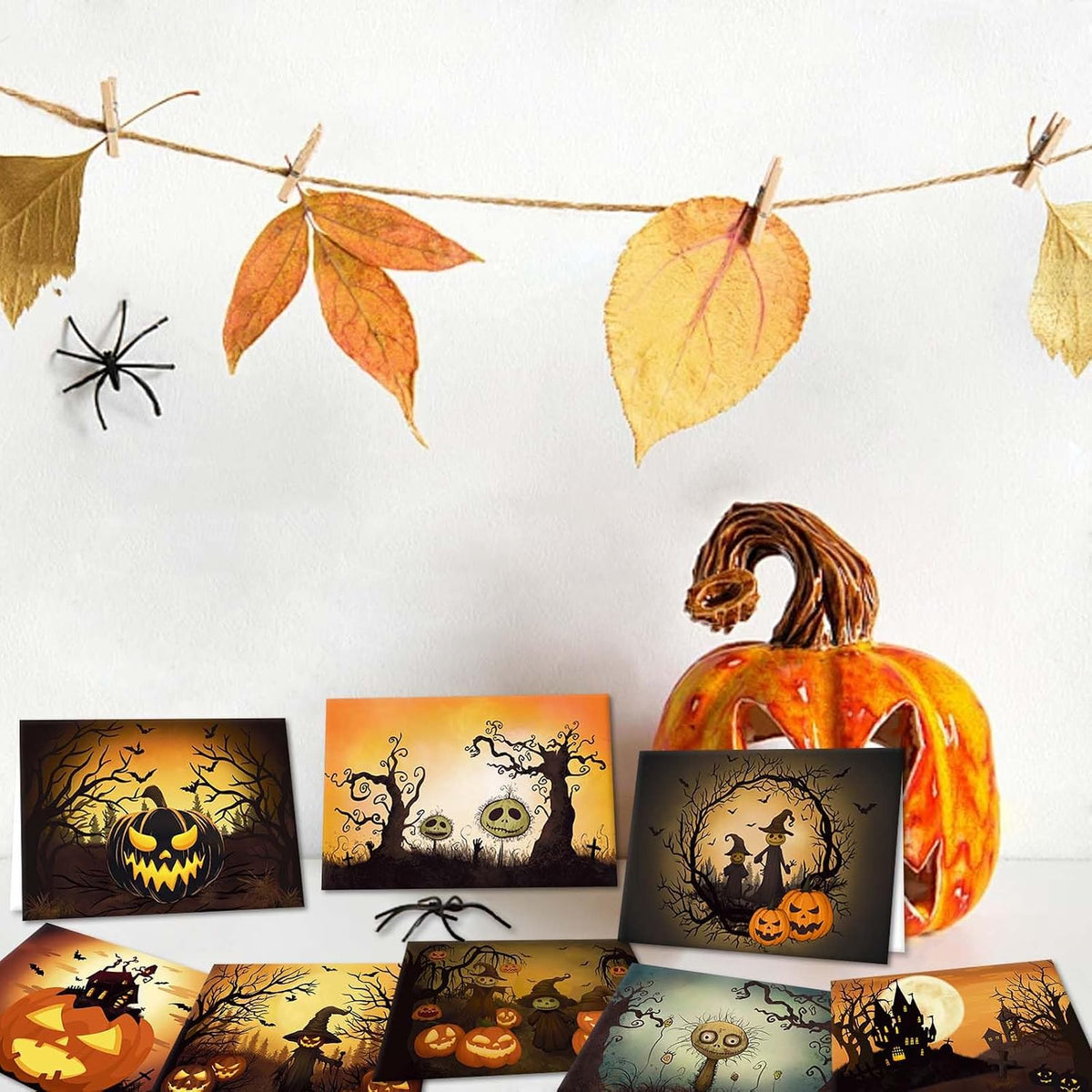 24 Pack Vintage Halloween Greeting Cards, Jack-O'-Lantern and Witch Halloween Cards, Artful Spooky Halloween Themed Card Set, 8 Designs Halloween Cards Bulk