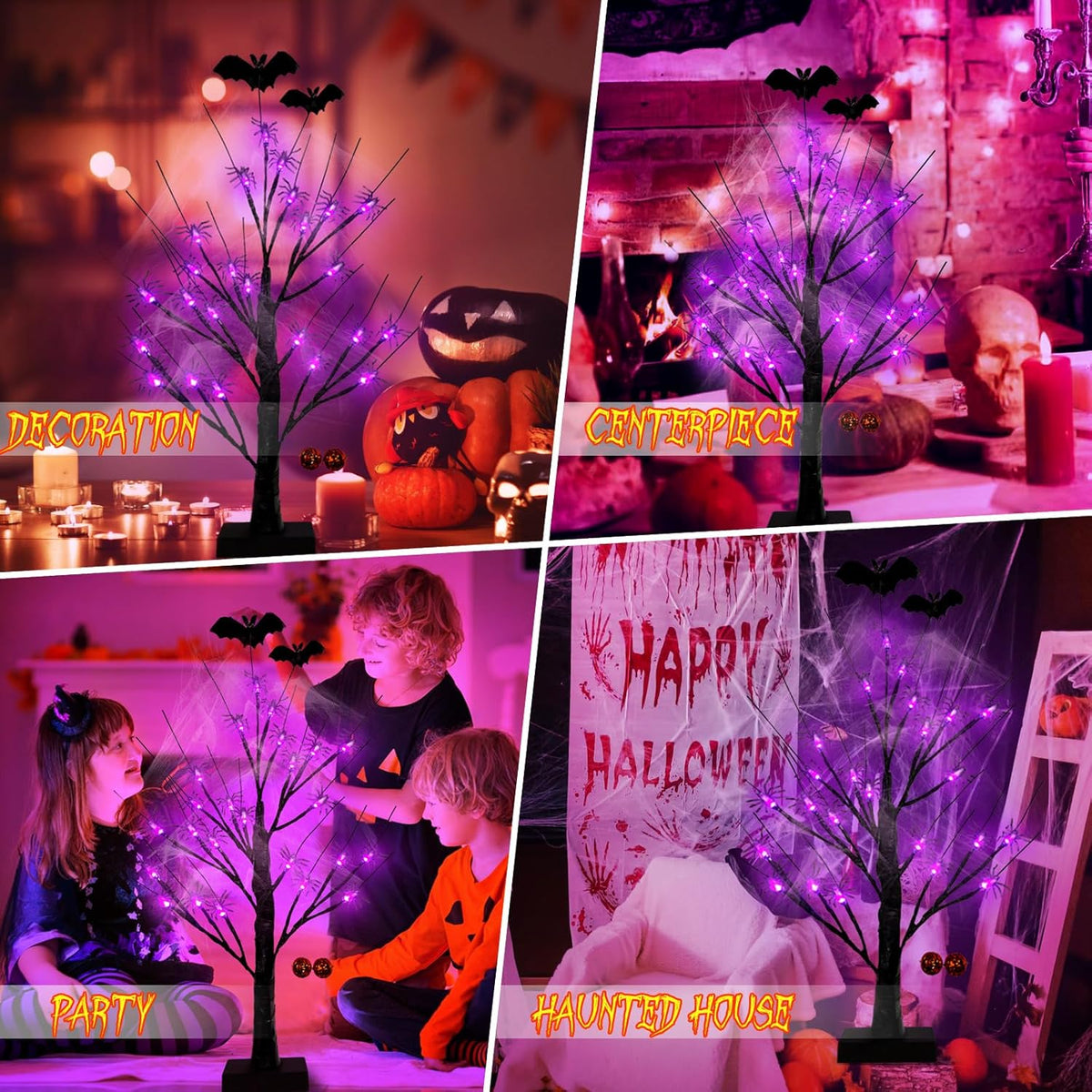 Halloween Decorations Indoor Spider Lights Tree, 2Ft Black Spooky Tree with Spider,Web,Bat and Pumpkin Bell Halloween Tree Decorations,Battery and USB Halloween Black Tree for Home Mantel Party Decor