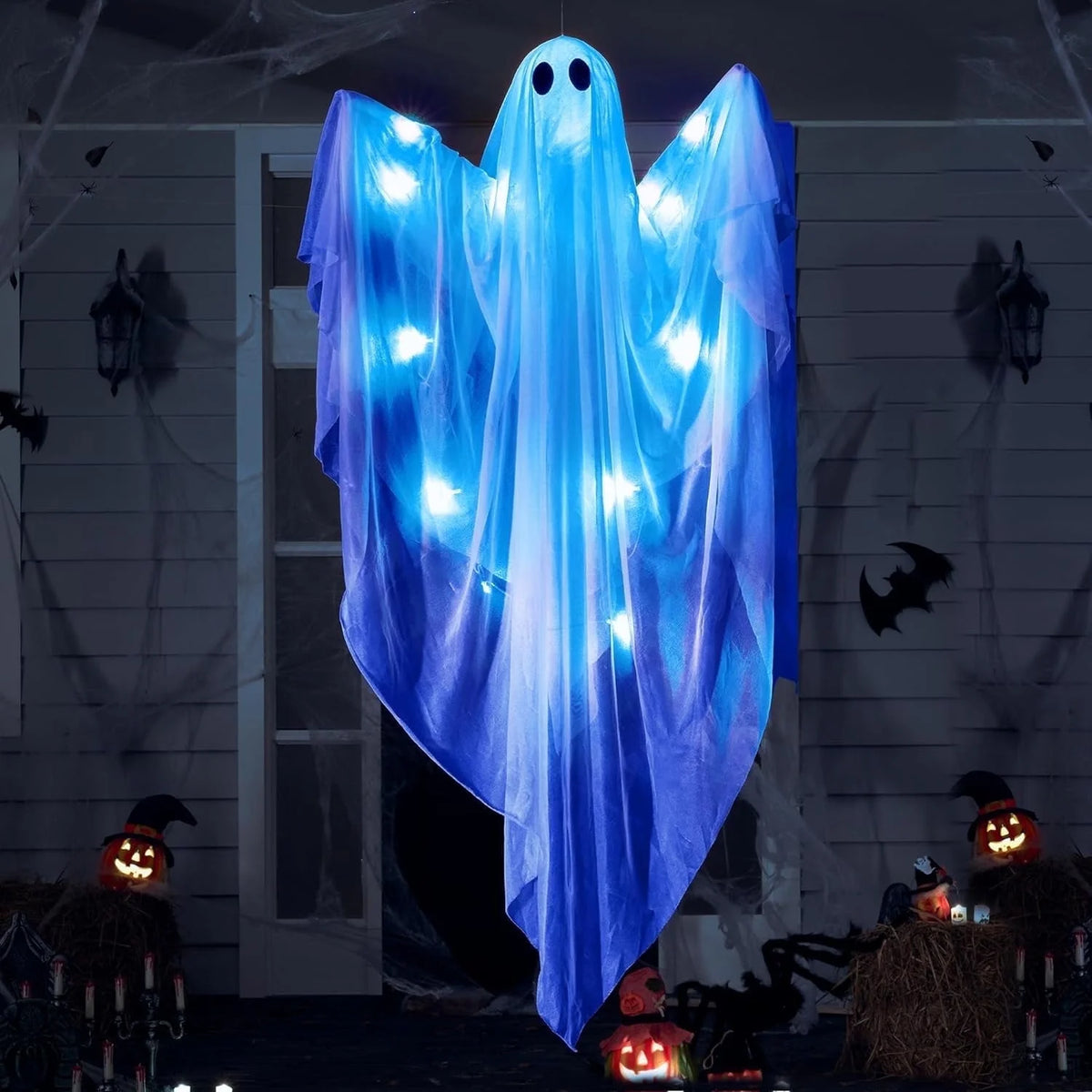 Halloween Ghost Decor with Blue LED Light, 47” Light up Hanging Ghost Halloween Yard Porch Decorations Outdoor