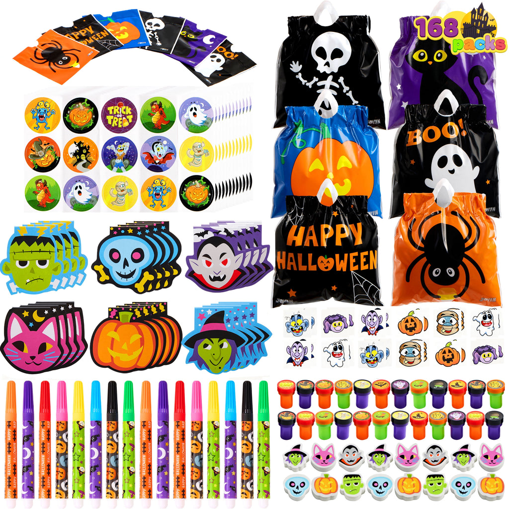 168 Packs Halloween Stationery Party Favors,Halloween Gifts for Kids,Halloween Goodies Including Halloween Trick or Treat Bags,Notepads,Stamps,Markers,Stickers and Tattoos