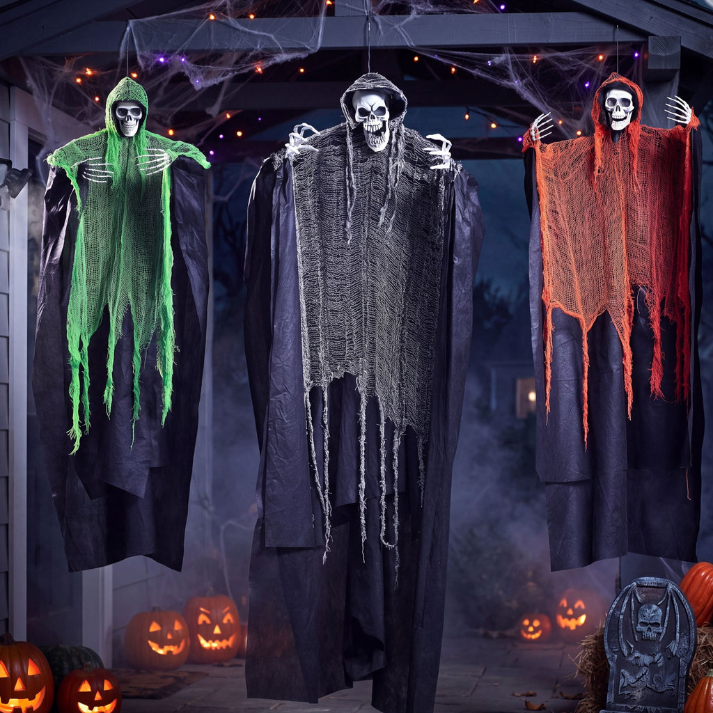 3 Pack Halloween Hanging Ghosts,Scary Skeleton Ghosts Grim Reapers Decorations for Halloween Indoor Outdoor Yard Home Decorations