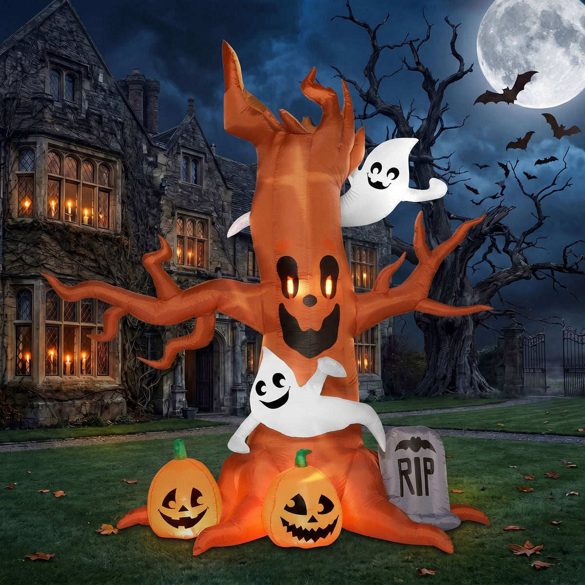 8 Ft Halloween Inflatable Spooky Tree with Ghost,Pumpkin & Tombstone,Blow up Decor with Built-In LED Lights for Outdoor,Yard,Garden and Lawn