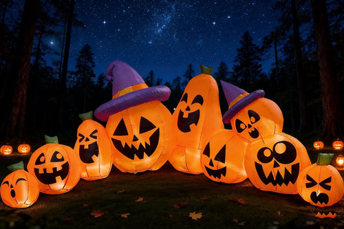 12.5 FT Halloween Inflatable Long Pumpkin with Witch Hat Decorations Inflatables with Build-In Leds,Halloween Decor Outdoor Blow up Yard Decorations