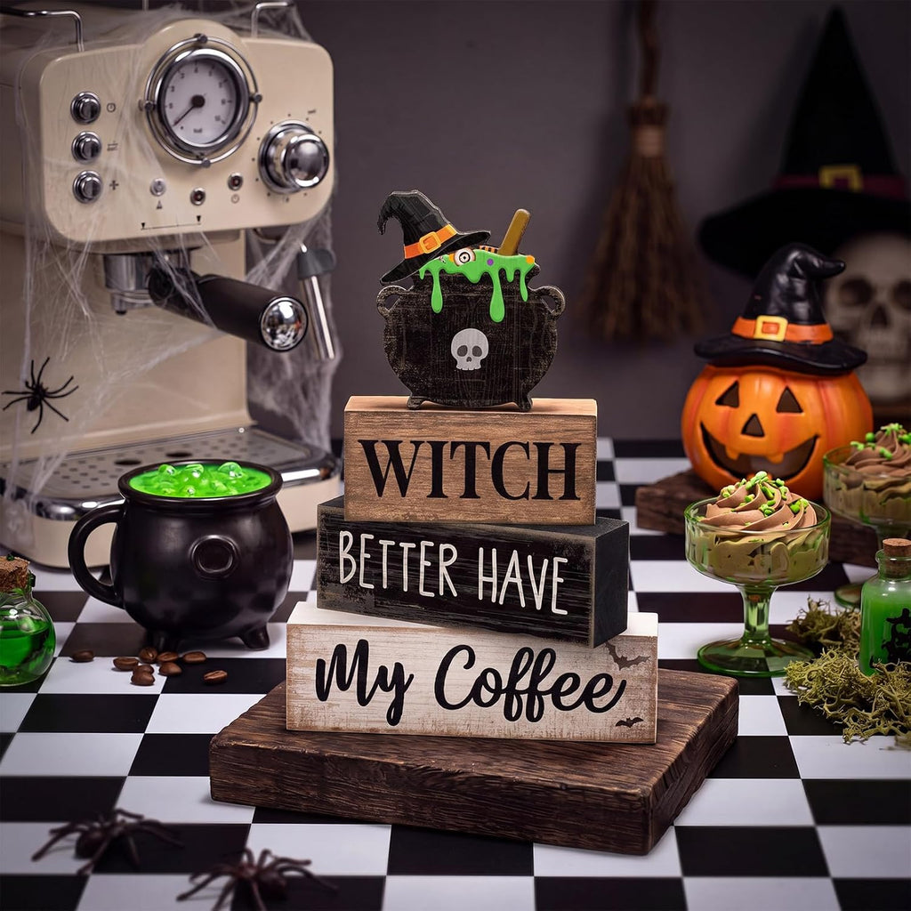 4 Pcs Halloween Table Decoration Witch Coffee Wooden Stacked Block Decor, "Witch Better Have My Coffee" Sign with Cauldron Topper, Gothic Halloween Tiered Tray Decor for Home Kitchen Bar