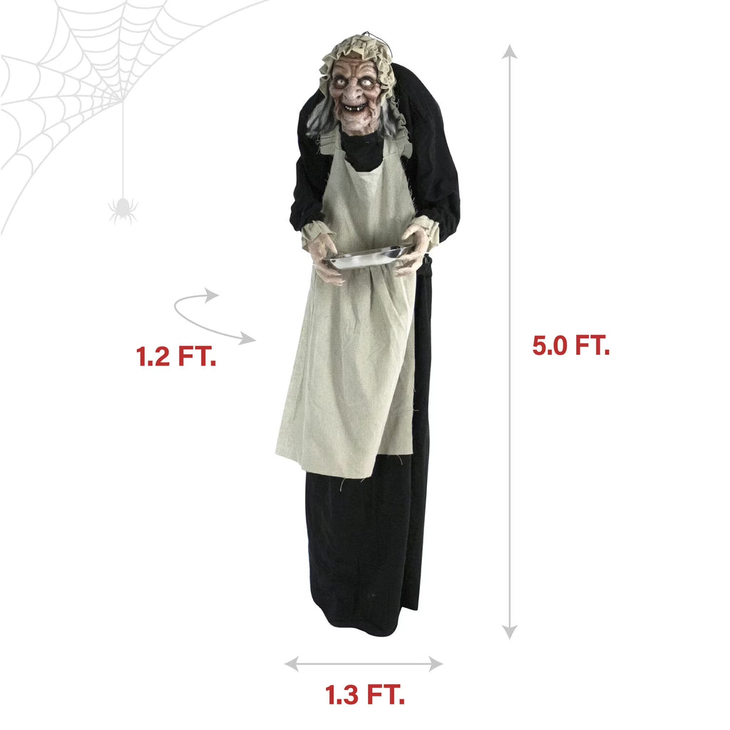 5 Ft Life-Size Animatronic Indoor/Covered Outdoor Zombie Maid Halloween Decoration, HHLADY-4FLSA