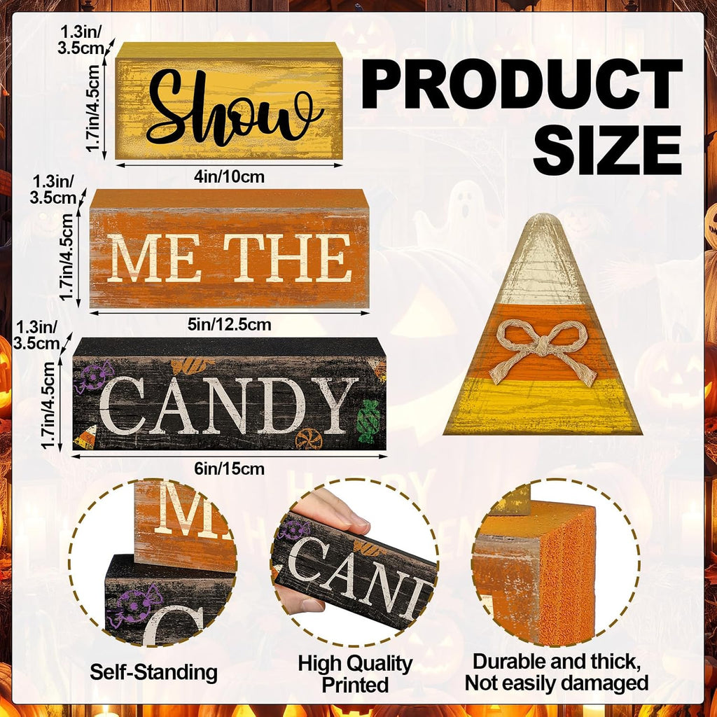 4 Pcs Halloween Table Decoration Candy Corn Wooden Stacked Block, "Show Me the Candy" Signs with Candys Corn Topper, Halloween Tiered Tray Decor Rustic Fall Decor for Home Office Kitchen