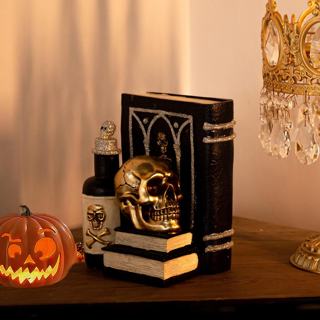 Halloween Skull Decor, Gothic Skeleton Heads and Book Resin Statue, Collectible Figurines for Halloween Decor Unique Gifts for Home Decorations 9.2"