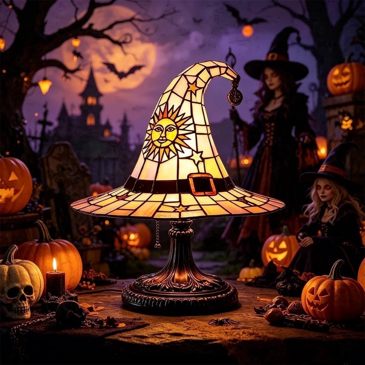 Clearance Witch Hat Lamp Halloween Decorations under 20 Gifts Stained Glass like Gothic Lamp Gothic Home Decor Accent Bedroom Bookshelf Mystical Gifts Glow Dark Figurine Ambiance