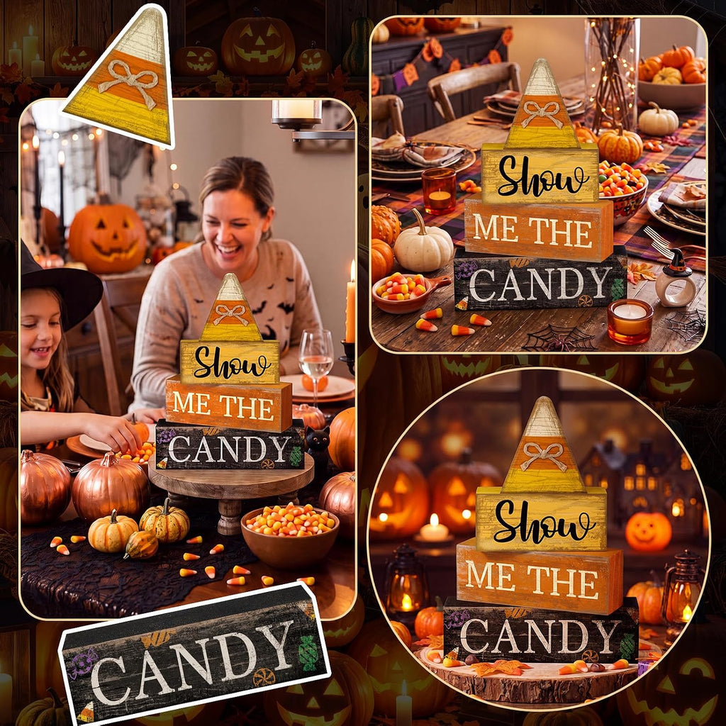 4 Pcs Halloween Table Decoration Candy Corn Wooden Stacked Block, "Show Me the Candy" Signs with Candys Corn Topper, Halloween Tiered Tray Decor Rustic Fall Decor for Home Office Kitchen