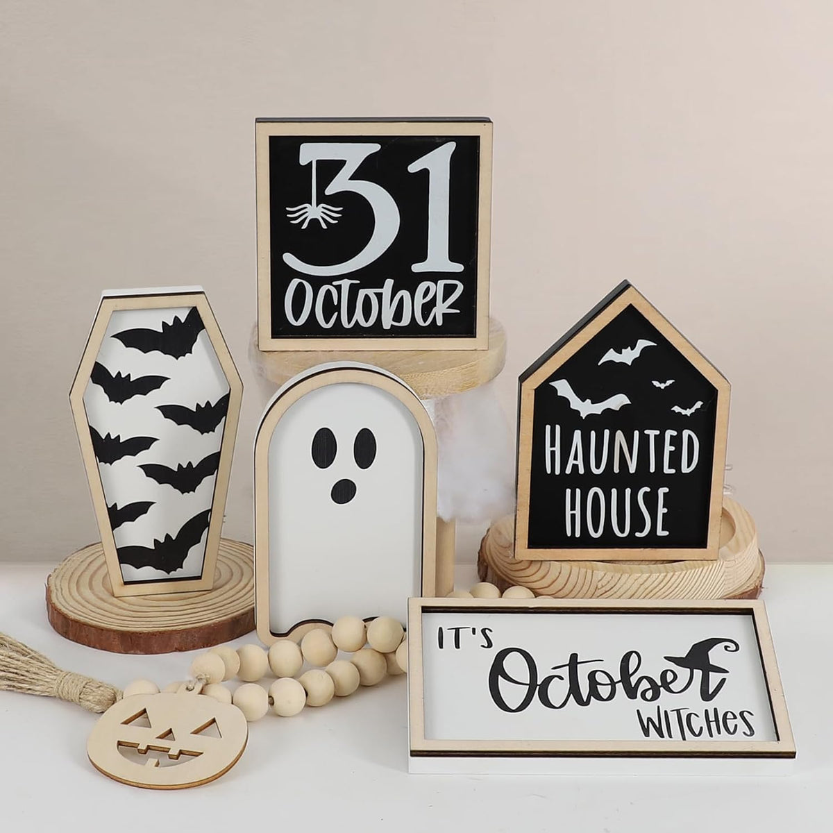 Halloween Decorations | 6PCS Halloween Tiered Tray Decor | Bat Coffin, Haunted House, Ghost, Witches, October 31 Sign, Bead Garland | Halloween Decor | Halloween Centerpiece for Table Shelf