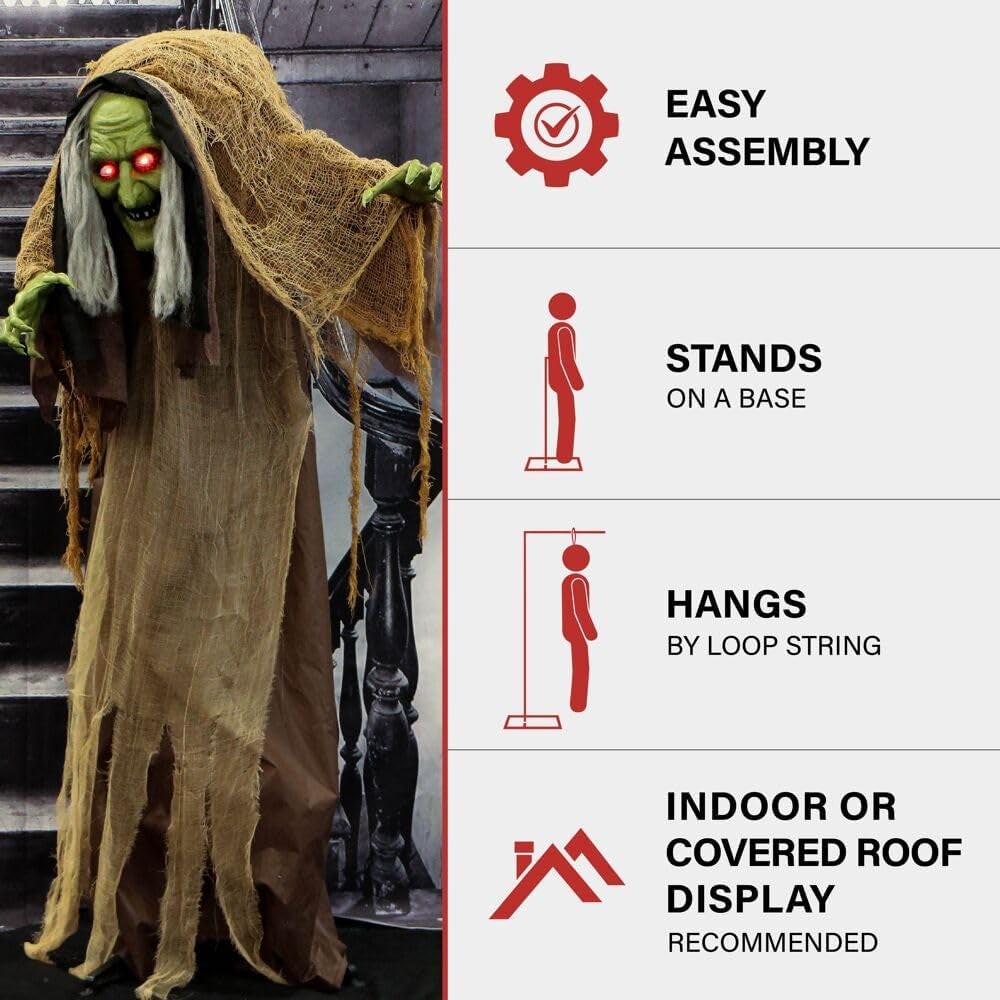 Talking Hunchback Witch, Halloween Animatronic with Movement and Lights for Battery Operated Scary Indoor or Covered Outdoor Halloween Decorations, Creepy Halloween Prop