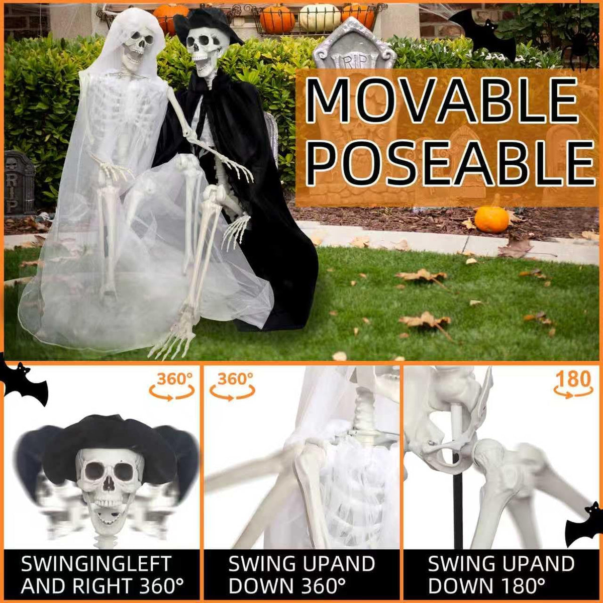 2Pack 5.4Ft Halloween Skeletons Bride and Groom with Stand Life Size Skeletons Full Body Plastic Human Bones for Halloween Decorations