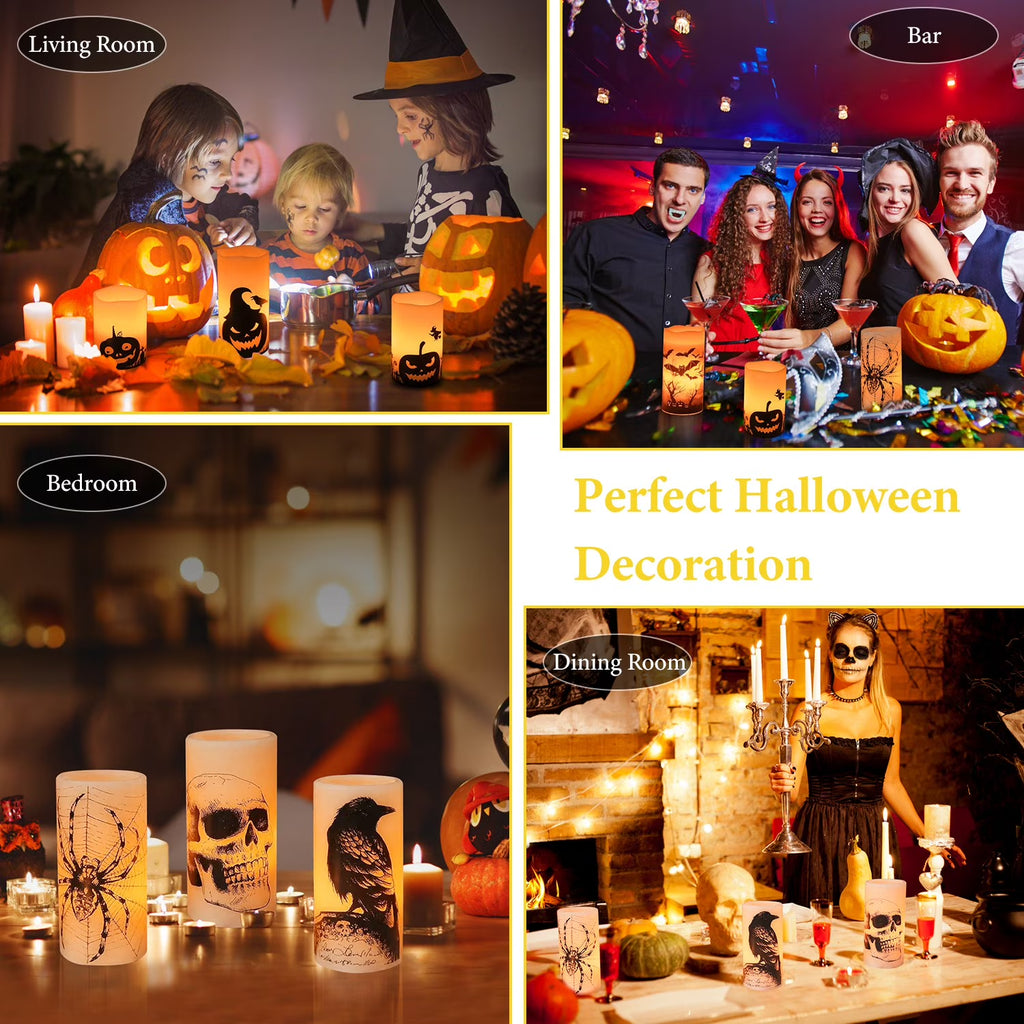3Pcs Halloween Flameless Candles  Battery Operated Indoor Halloween Led Warm Orange Candles Lamp with Timer Setting, Natural Paraffin Halloween Pillar Candles Pumpkin
