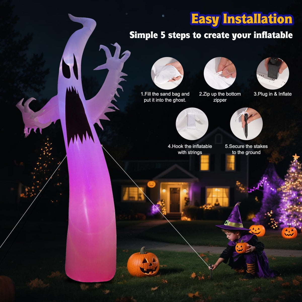 12FT Halloween Inflatables Ghost Decorations: Scary Giant Inflatable Ghost Outdoor Decoration with RGB LED Blow up Decor for Garden/Home/Holiday/Party/Yard/Lawn