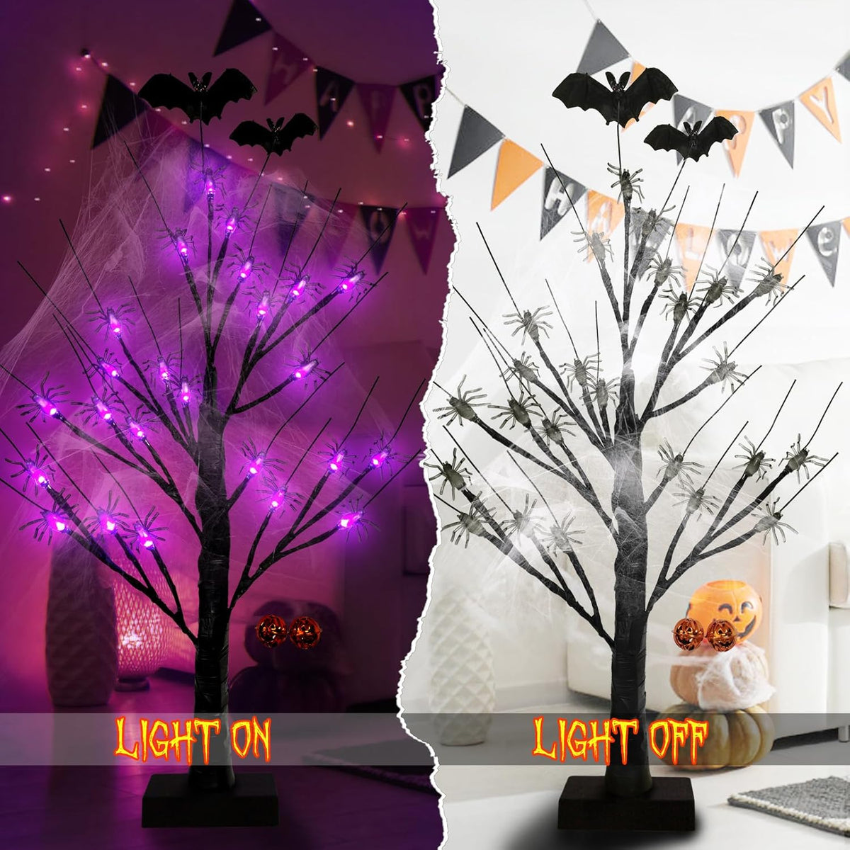 Halloween Decorations Indoor Spider Lights Tree, 2Ft Black Spooky Tree with Spider,Web,Bat and Pumpkin Bell Halloween Tree Decorations,Battery and USB Halloween Black Tree for Home Mantel Party Decor