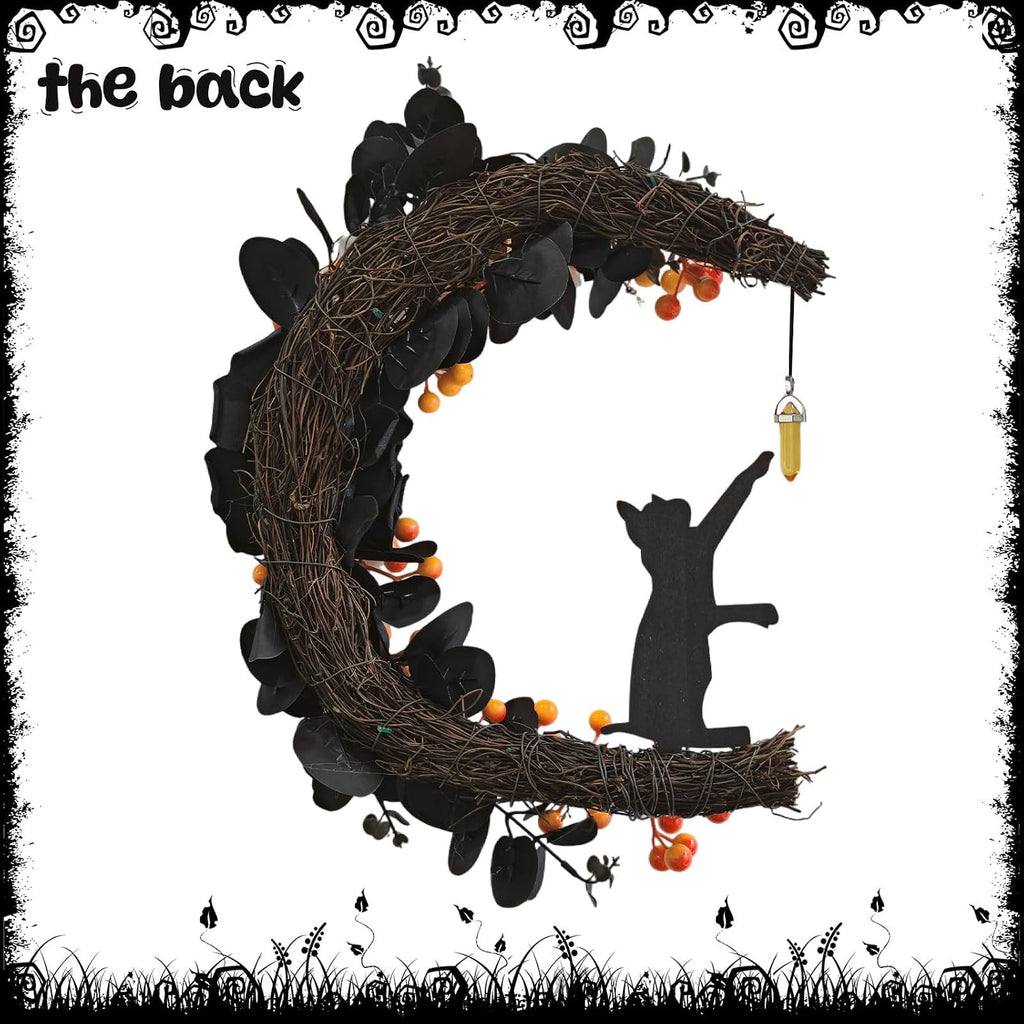 Halloween Decorations Black Cat Half-Moon Wreath with Black Rose & Berry | Halloween Decor with Open Half-Moon Design, Black Fabric Roses, Frosted Leaves, Glossy Orange Berries, and a Cat Silhouette