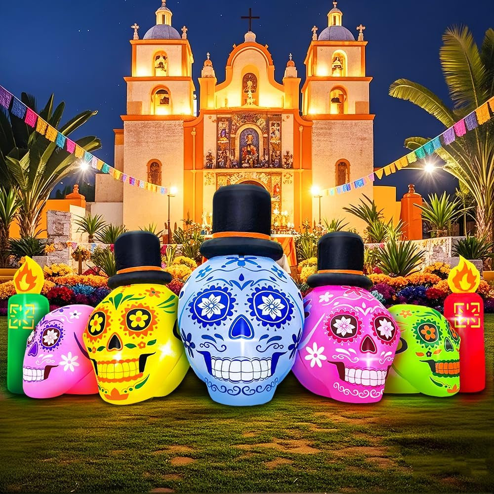 7FT LED  Halloween Inflatable | Skeleton Day of Dead Catrina Skulls Dia De Los Muertos | Outdoor Decor