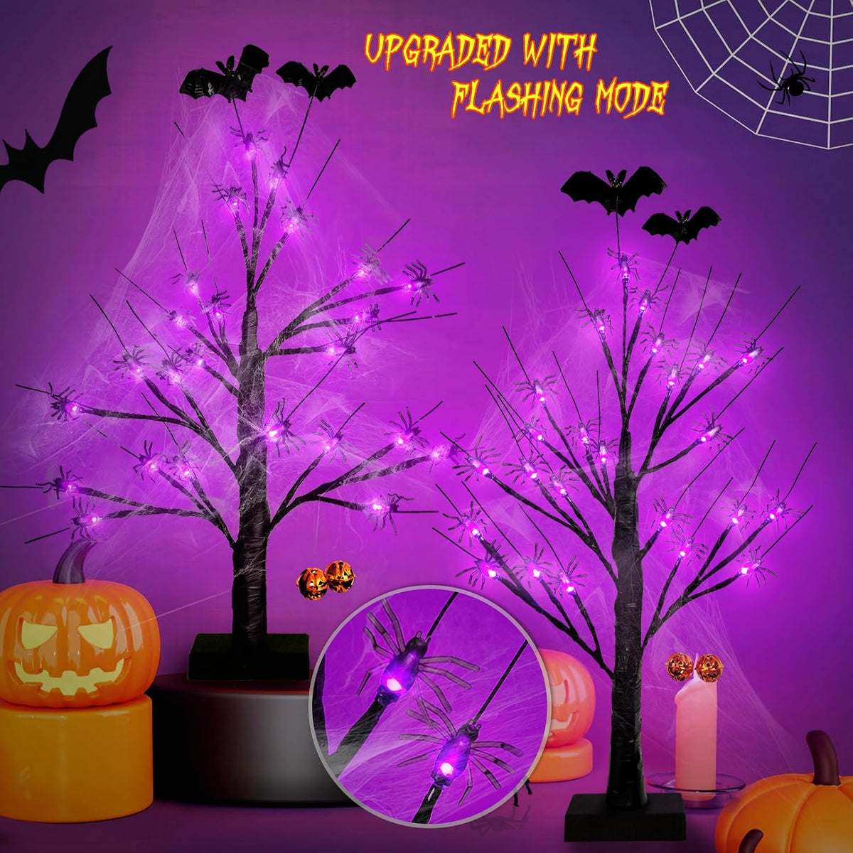 Halloween Decorations Indoor Spider Lights Tree, 2Ft Black Spooky Tree with Spider,Web,Bat and Pumpkin Bell Halloween Tree Decorations,Battery and USB Halloween Black Tree for Home Mantel Party Decor