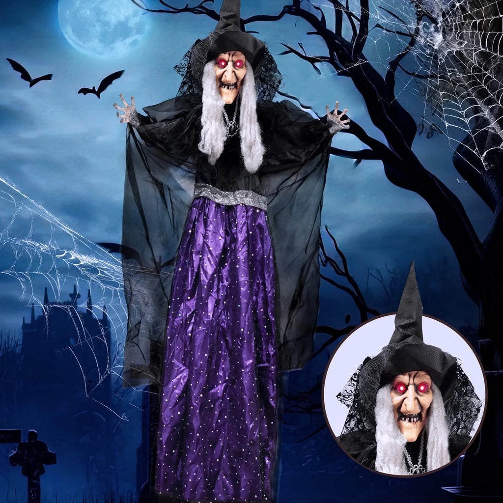 Syncfun 59 Inch Animated Halloween Witch Decoration,Outdoor Light up Talking Witch Halloween Hanging Witch with Skeleton Wand Decoration for Halloween Outdoor Decor