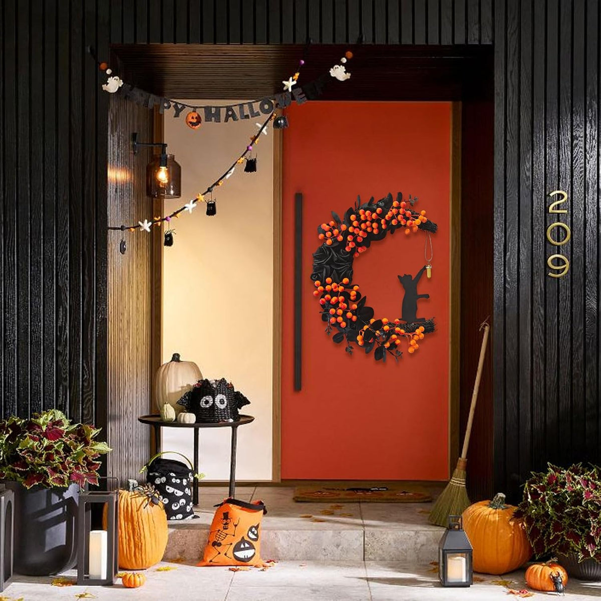 Halloween Decorations Black Cat Half-Moon Wreath with Black Rose & Berry | Halloween Decor with Open Half-Moon Design, Black Fabric Roses, Frosted Leaves, Glossy Orange Berries, and a Cat Silhouette