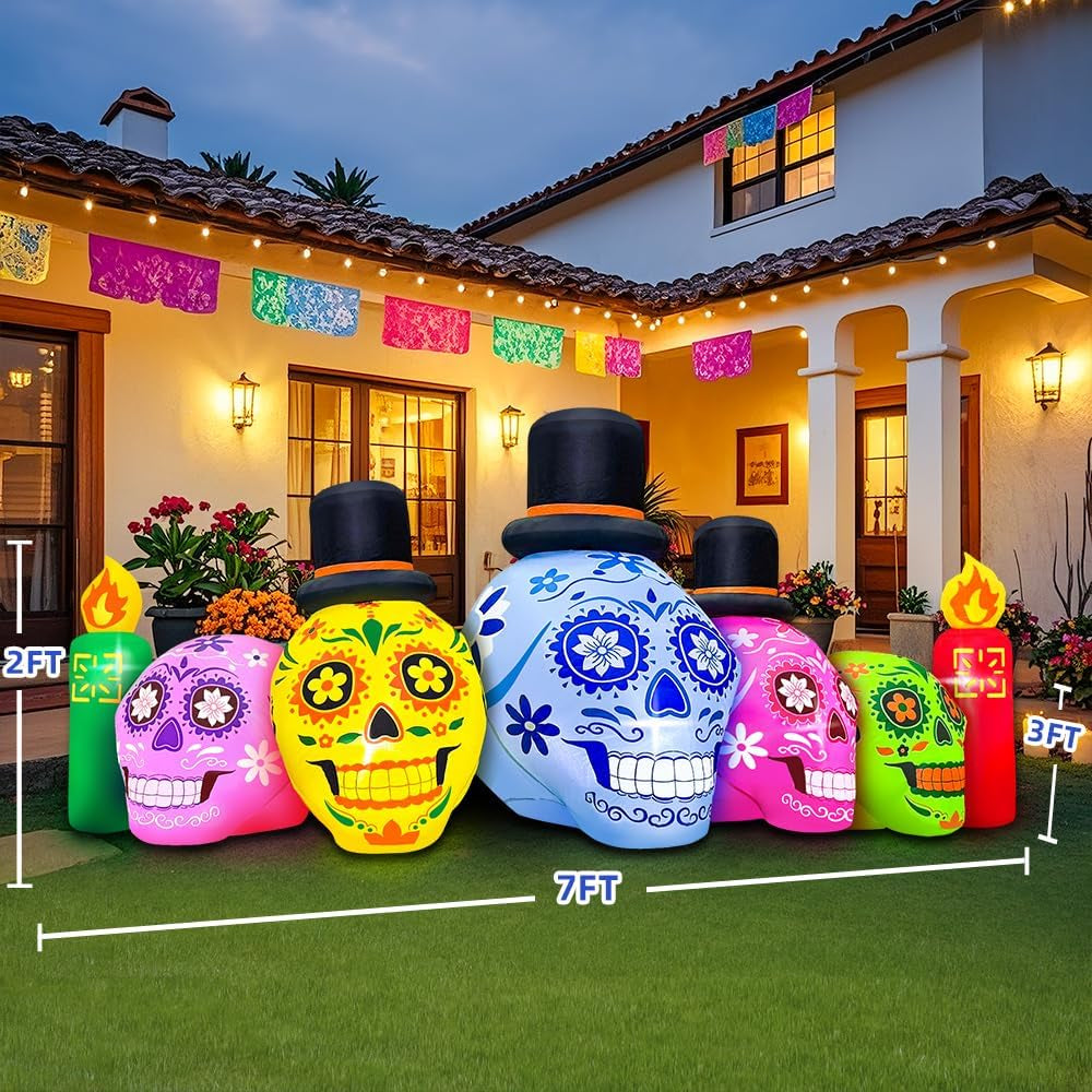 7FT LED  Halloween Inflatable | Skeleton Day of Dead Catrina Skulls Dia De Los Muertos | Outdoor Decor