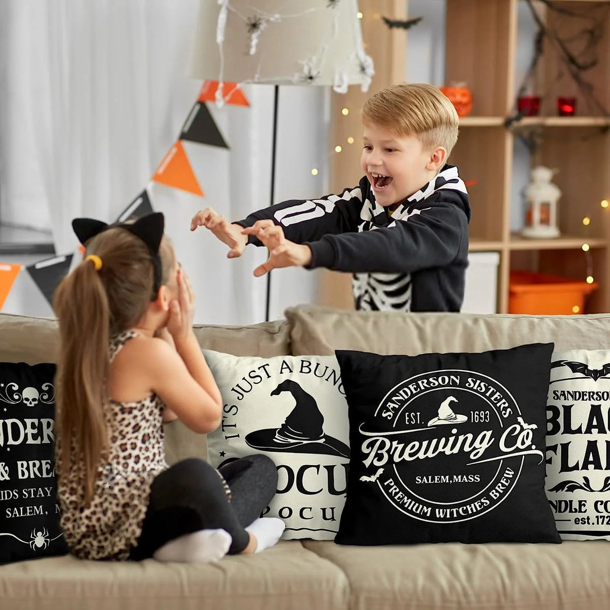 4Pack Halloween Pillow Covers 18X18", Halloween Decor Farmhouse Saying White Black Outdoor/Indoor Fall Pillow Pillows Decorative Cushion Cases for Home Sofa Couch Bed Chair