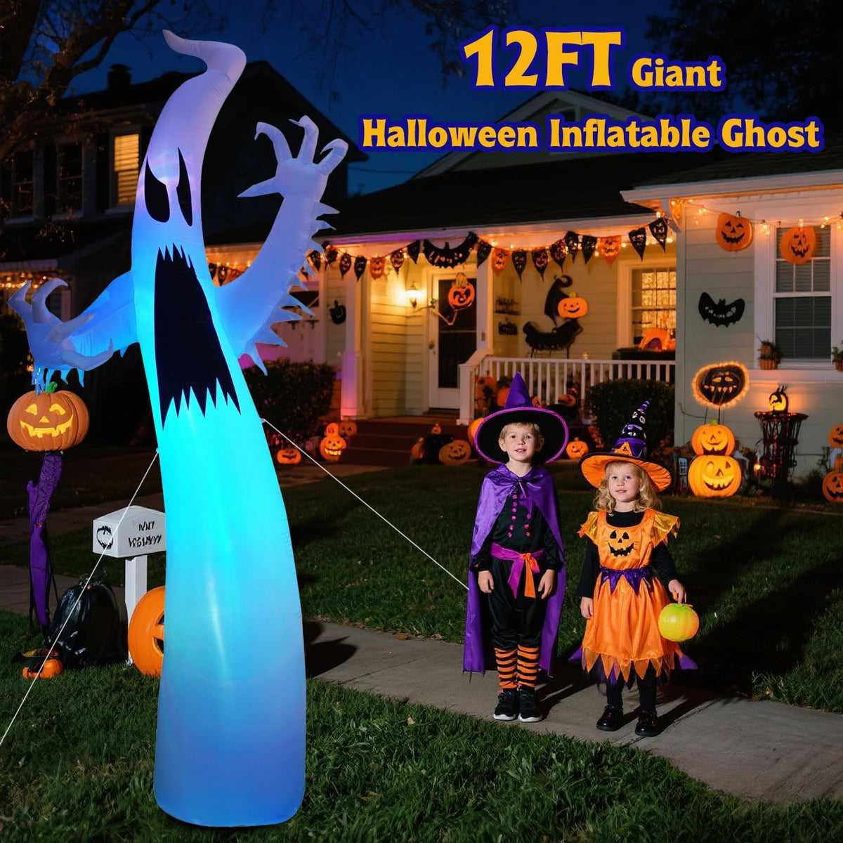 12FT Halloween Inflatables Ghost Decorations: Scary Giant Inflatable Ghost Outdoor Decoration with RGB LED Blow up Decor for Garden/Home/Holiday/Party/Yard/Lawn