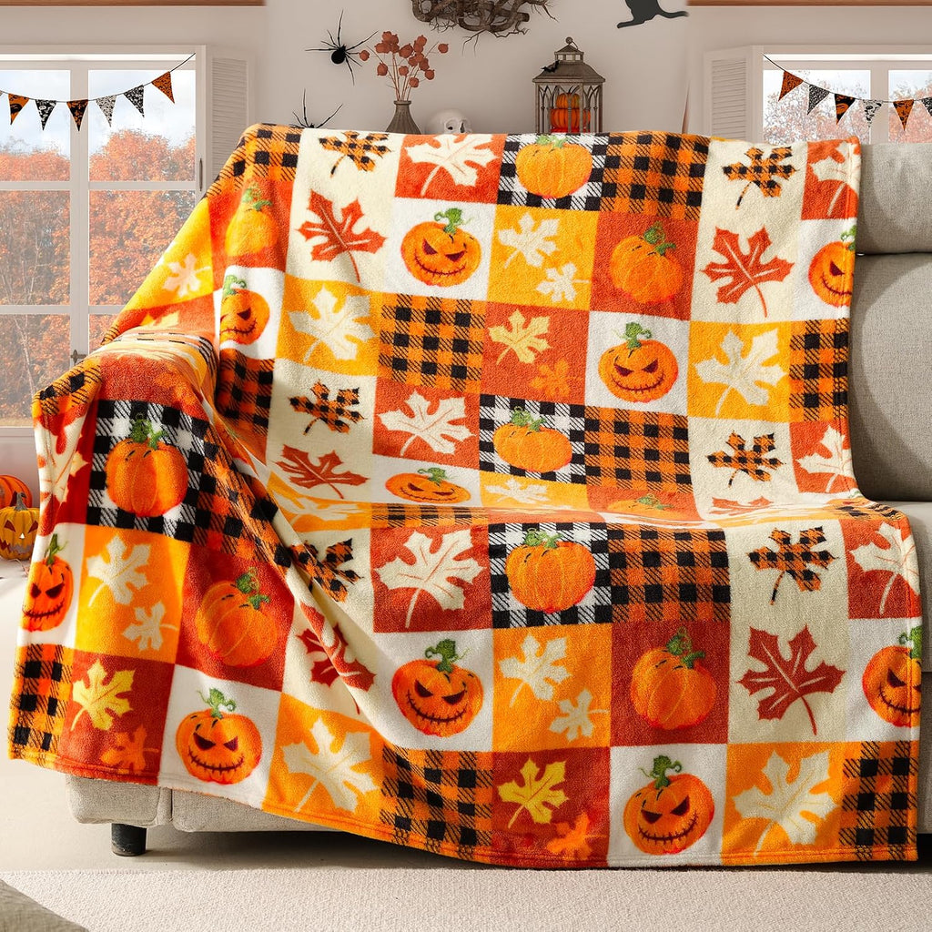 Halloween Fleece Throw Blanket, Pumpkin, Leaves Fall Plaid Blanket, Soft Fuzzy Plush for Couch Sofa or Bed, Luxury Flannel Lap Blanket, for Kids, Adults, Wife, Self (50" X 60")