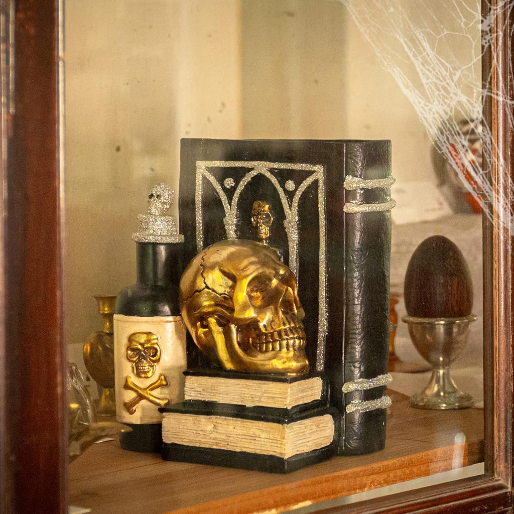 Halloween Skull Decor, Gothic Skeleton Heads and Book Resin Statue, Collectible Figurines for Halloween Decor Unique Gifts for Home Decorations 9.2"