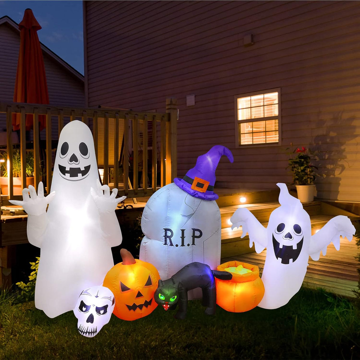 8FT Halloween Inflatable Decorations Outdoor, Ghost Cat Pumpkin Blow up Yard Decor with Built-In LED Lights, Spooky Holiday Party Favor for Indoor Outdoor Lawn Garden Halloween Decorations
