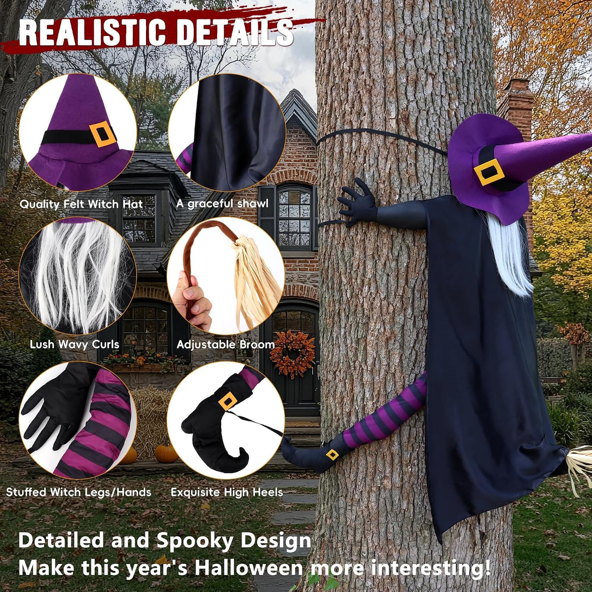 Halloween Decorations Outdoor 57" Crashing Witch into Tree Decor | Life Size Flying Witch on Broom for outside Yard Porch Door Tree Prop, Funny Halloween Witch Hitting Tree Decorations